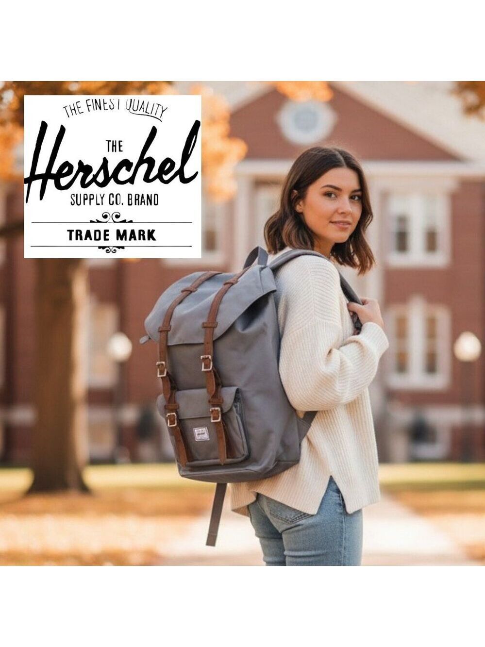 Herschel Little America Backpack Gray Tan Leather Straps Laptop Bag School